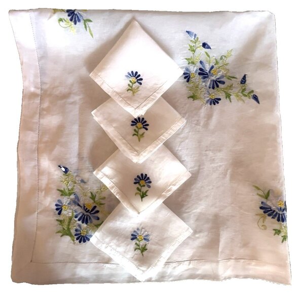 VTG Embroidered Sheer Table Cover 4 Matching Beverage Napkins Blue Green Floral - Picture 3 of 16